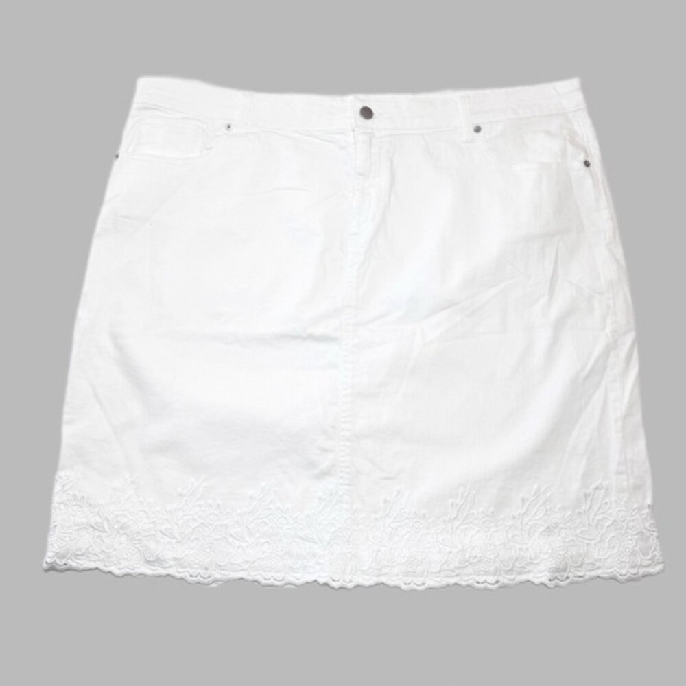 Womens White Denim Skirt Size 20 Lace Trim Classic Cotton Stretch Pencil Coastal